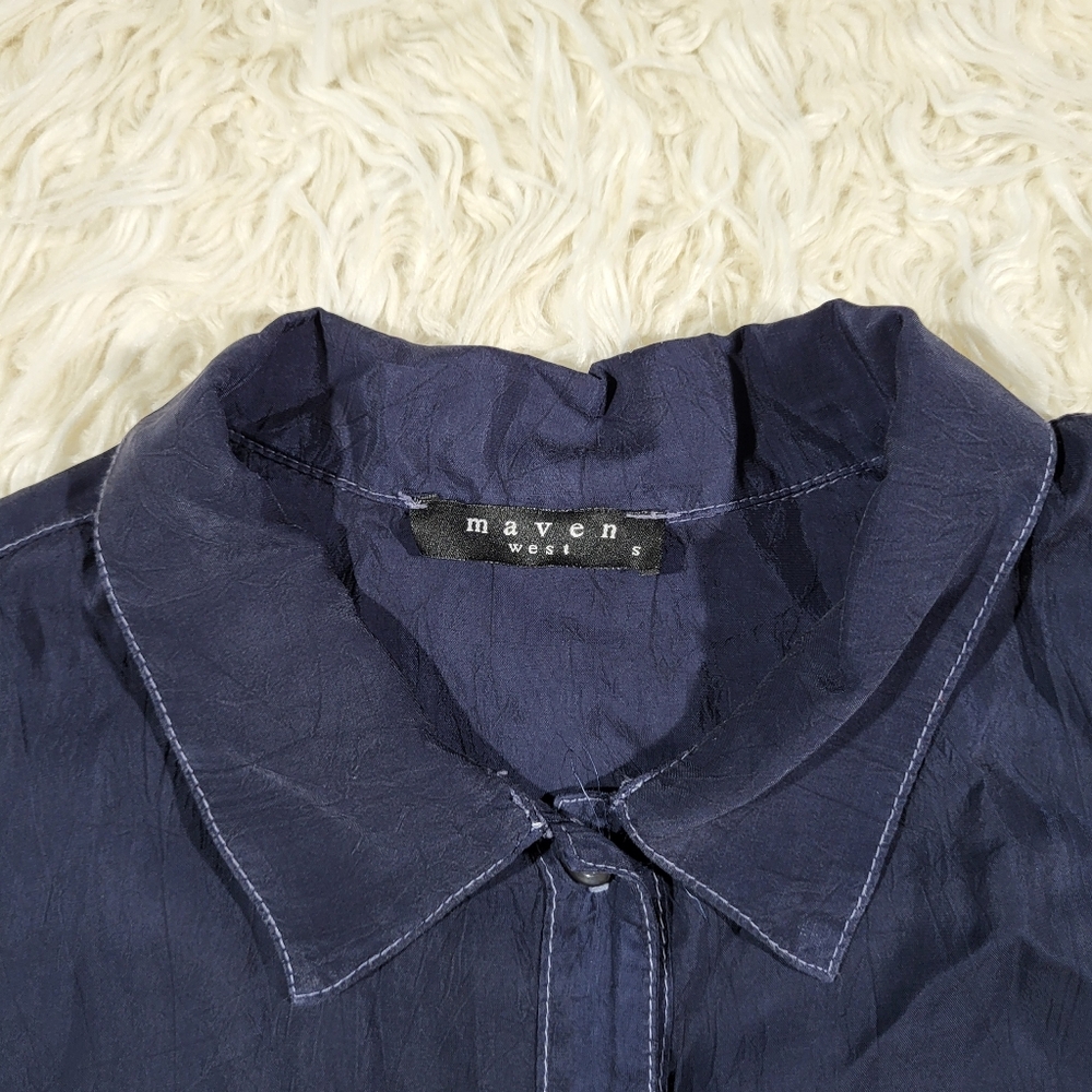 Maven West Navy Blouse Short Sleeve Rib Cuff Med - Picture 5 of 15